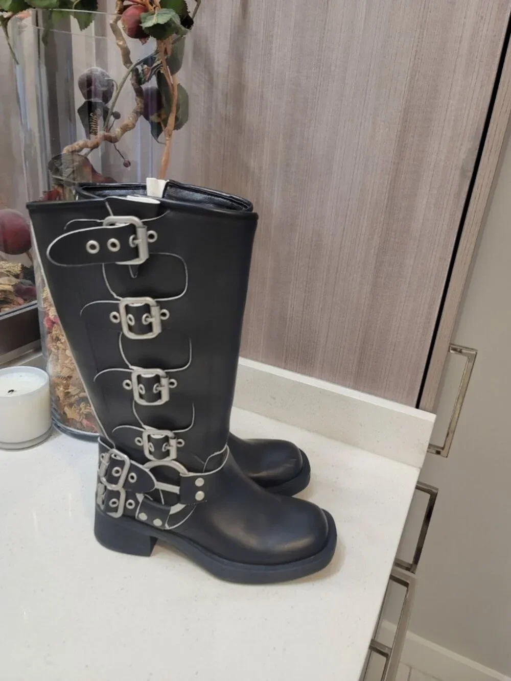 Miu Miu Biker Iconic Buckles Black Leather Knee Length Boots Size 37 - Picture 4 of 9